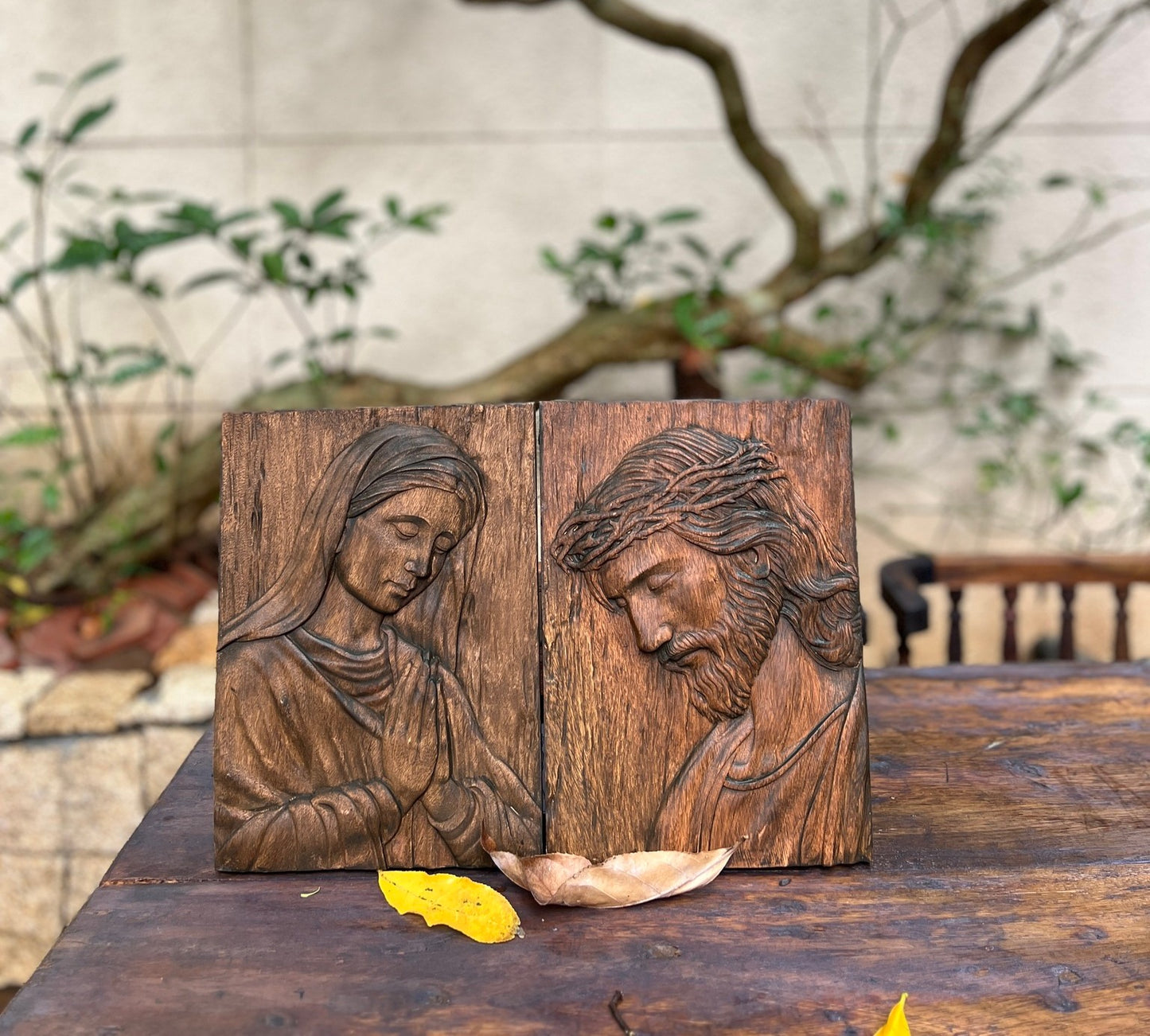 Hand-Carved Wood Jesus Christ, Virgin Mary , Crown of Thorns Relief Sculpture