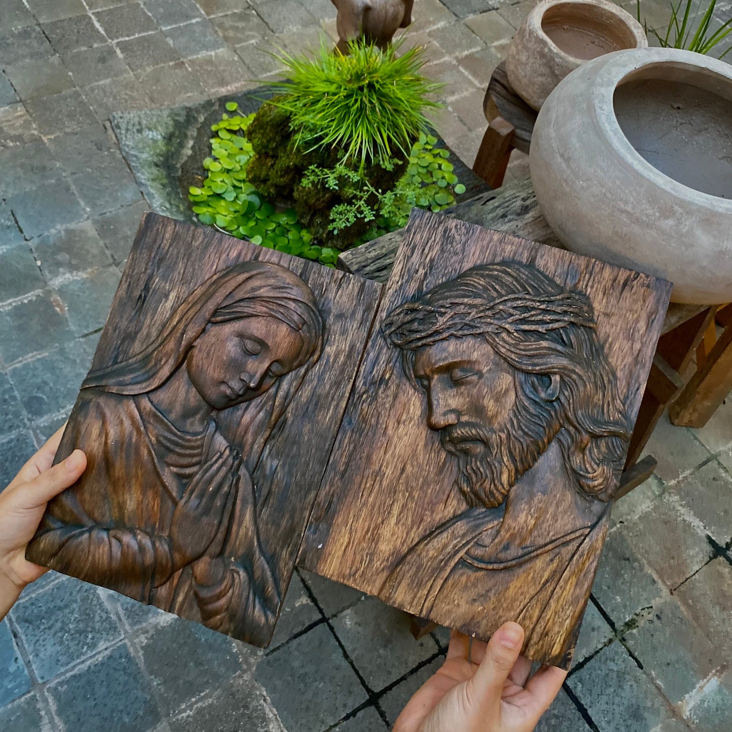 Hand-Carved Wood Jesus Christ, Virgin Mary , Crown of Thorns Relief Sculpture