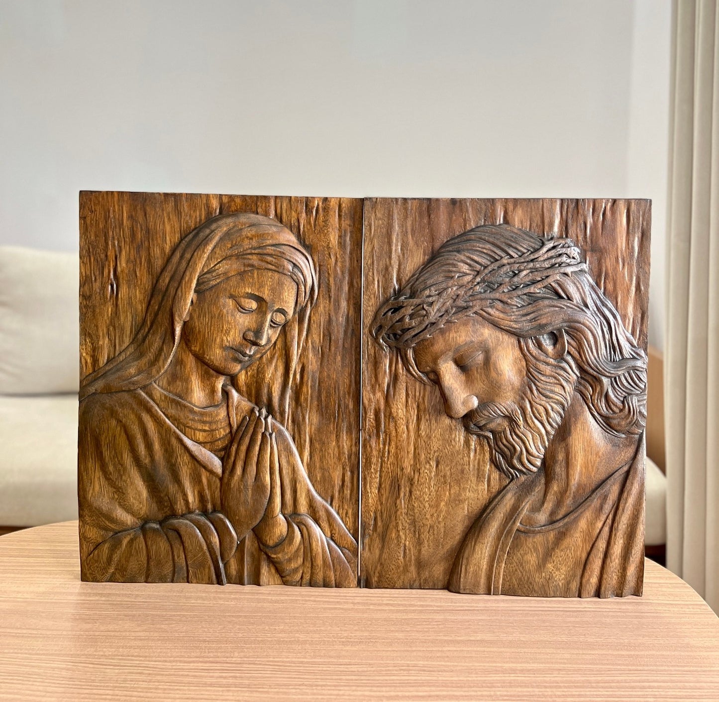 Hand-Carved Wood Jesus Christ, Virgin Mary , Crown of Thorns Relief Sculpture