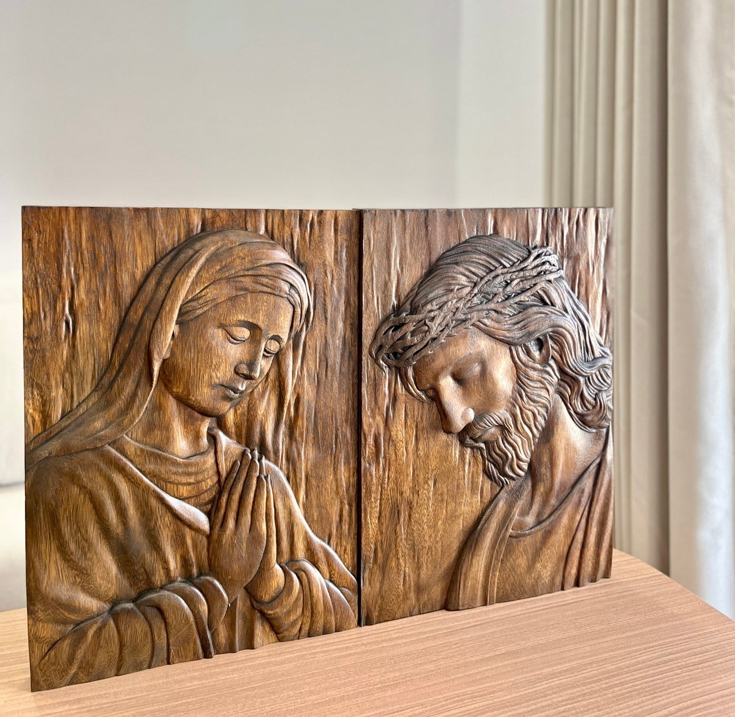 Hand-Carved Wood Jesus Christ, Virgin Mary , Crown of Thorns Relief Sculpture