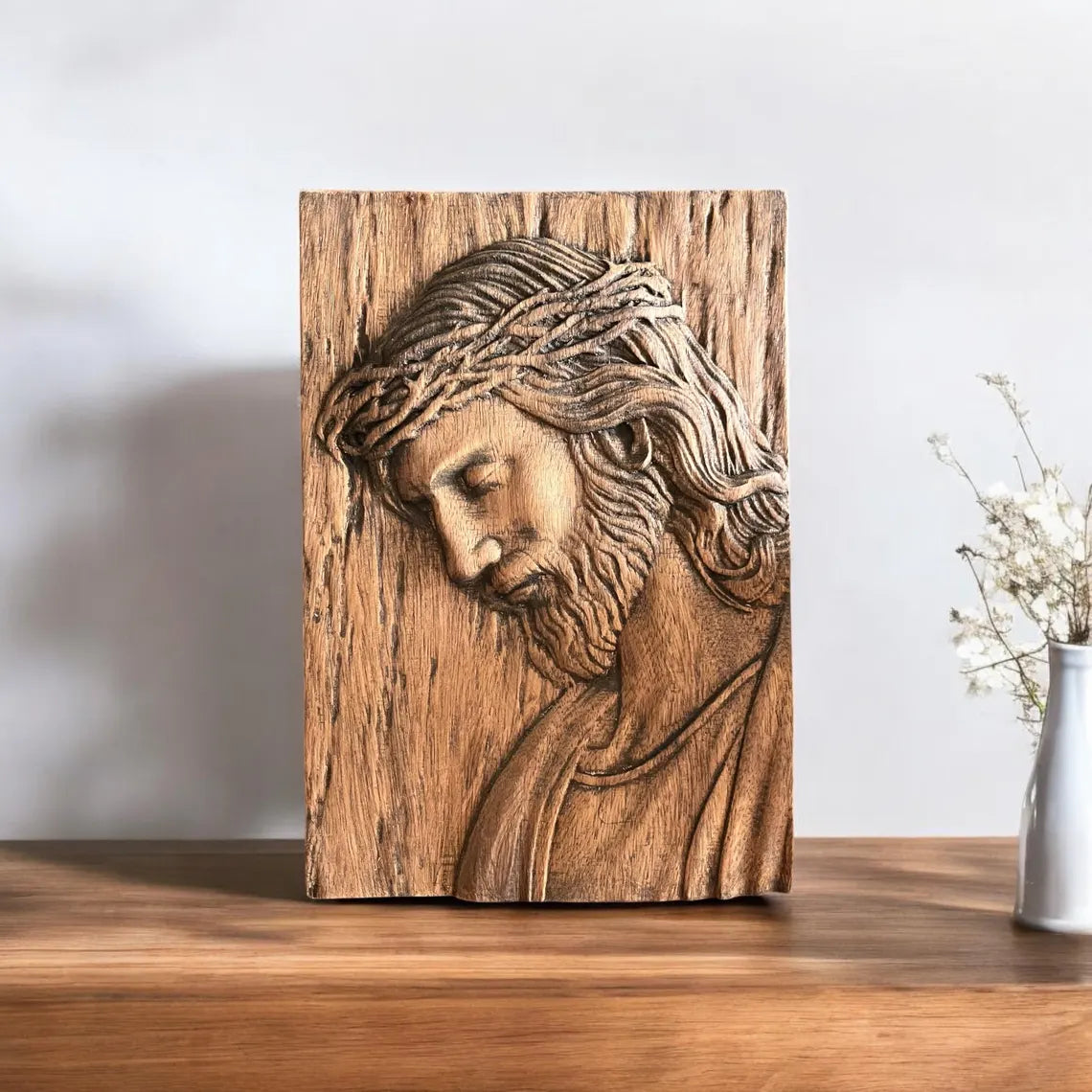 Targa murale in legno intagliato a mano raffigurante Gesù con la corona di spine - Icona religiosa