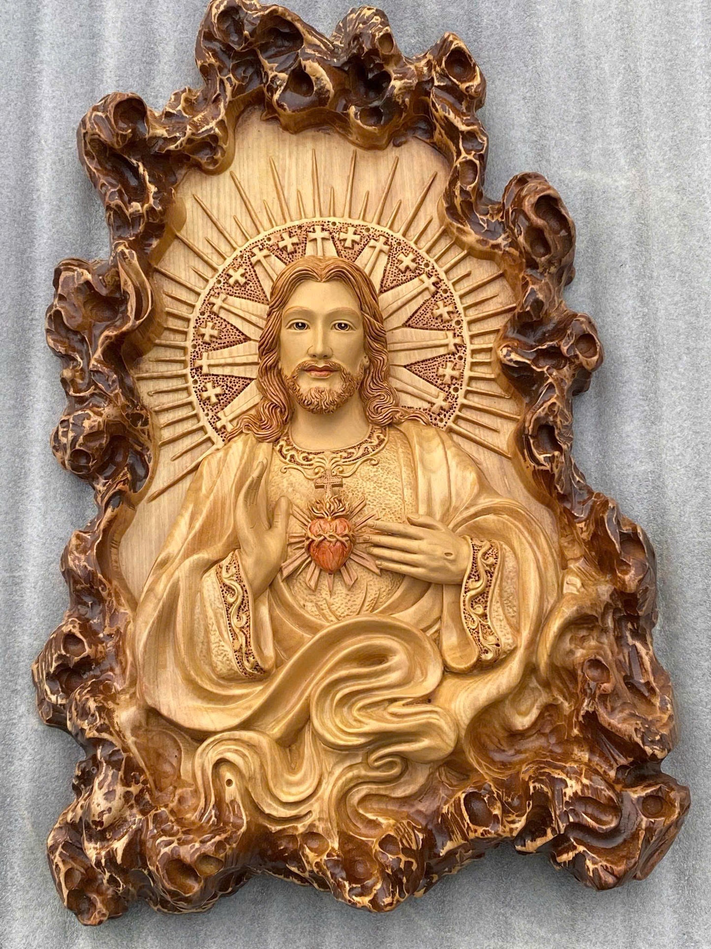 Sacred Heart of Jesus Relief in Wood - Religious Symbol