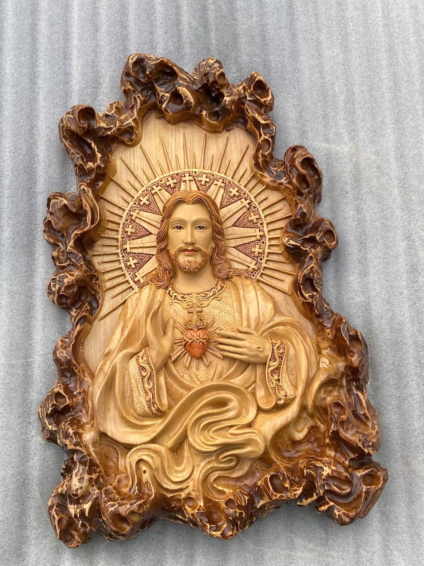 Sacred Heart of Jesus Relief in Wood - Religious Symbol