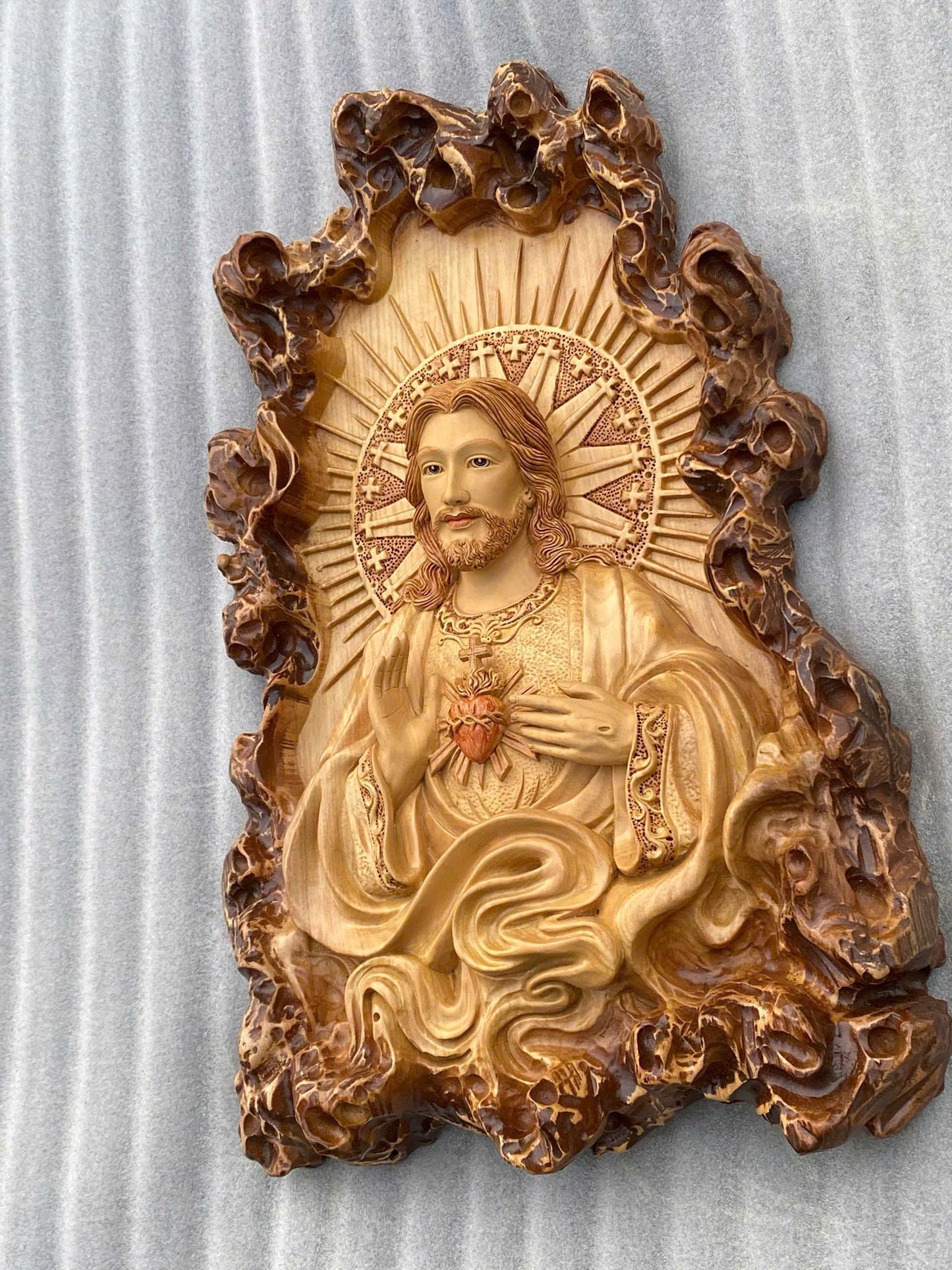Sacred Heart of Jesus Relief in Wood - Religious Symbol