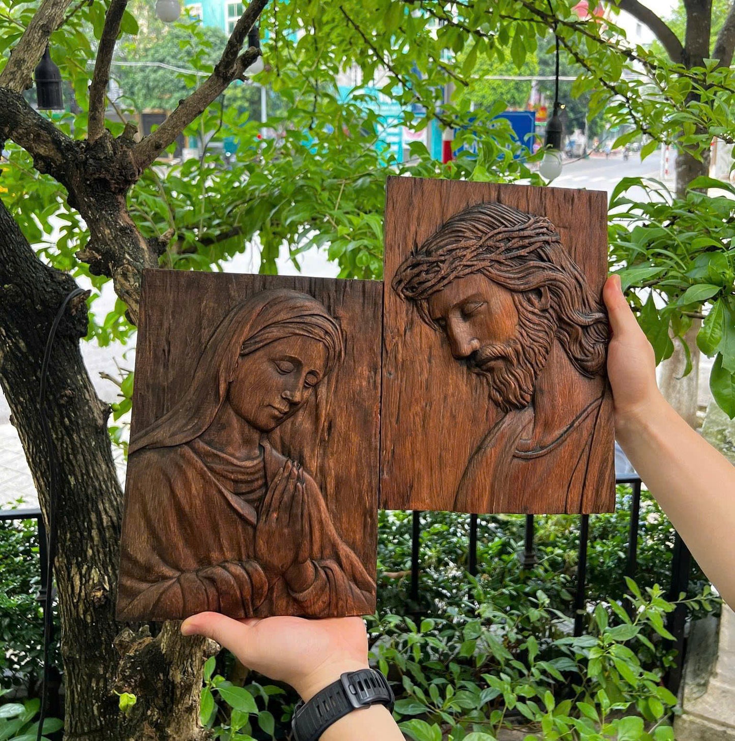 Hand-Carved Wood Jesus Christ, Virgin Mary , Crown of Thorns Relief Sculpture