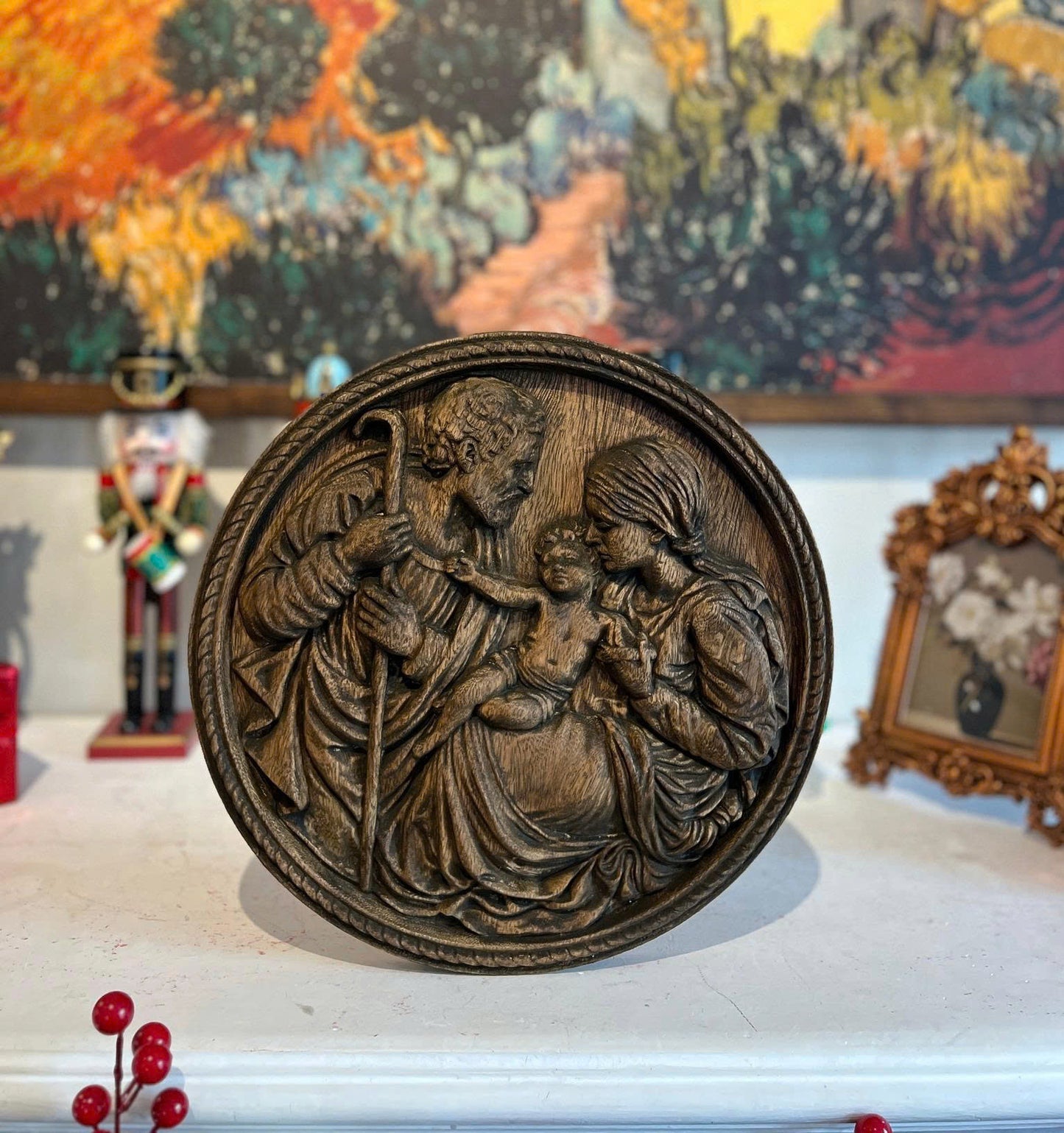 Talla de madera de la Sagrada Familia | Icono de madera, regalo cristiano | Tamaño: 20 cm y 30 cm