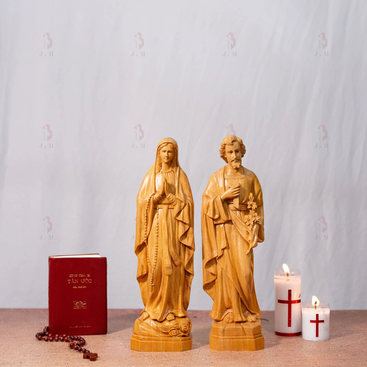 Blessed Virgin Mary and Saint Joseph Statue, Catholic Handmade Carved Wood