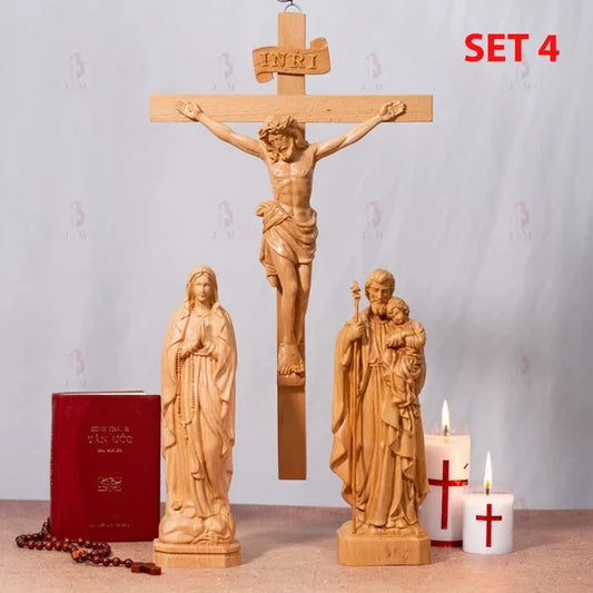 SET 4-Catholic Home Altar for family, Religious Catholic Statue, Wooden Religious Gifts,Housewarming Gift,New Home Gift,Home Decor