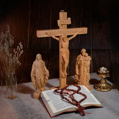 SET 3- Catholic Home Altar for family, Religious Catholic Statue, Wooden Religious Gifts, Native Wood Wall Art, Crucifix Cross, Housewarming