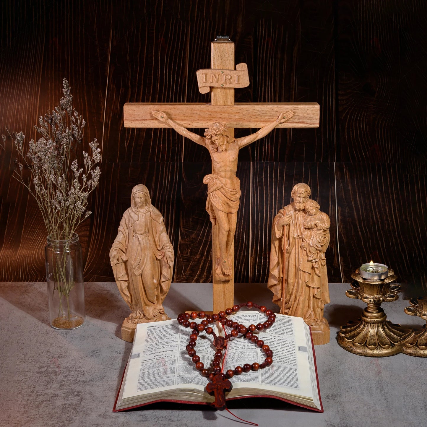 SET 3- Catholic Home Altar for family, Religious Catholic Statue, Wooden Religious Gifts, Native Wood Wall Art, Crucifix Cross, Housewarming