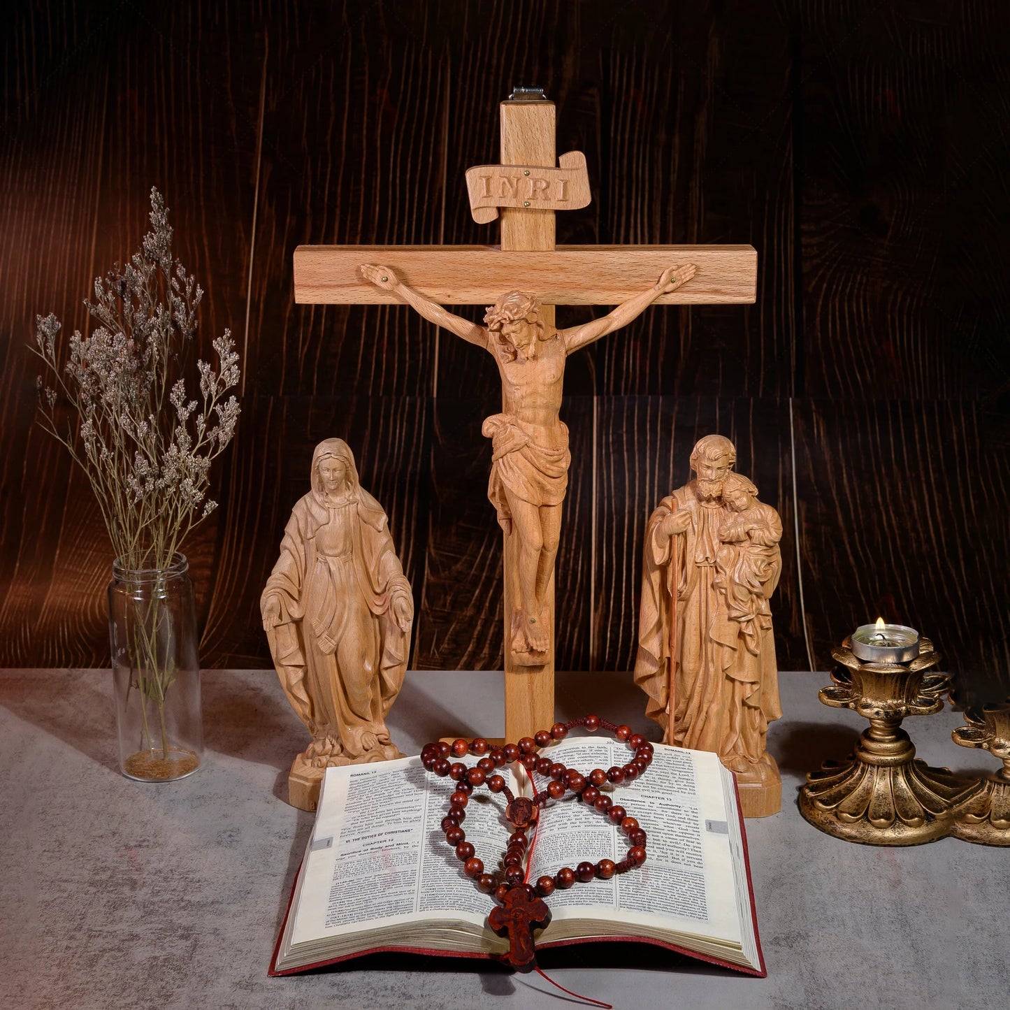 SET 3- Catholic Home Altar for family, Religious Catholic Statue, Wooden Religious Gifts, Native Wood Wall Art, Crucifix Cross, Housewarming