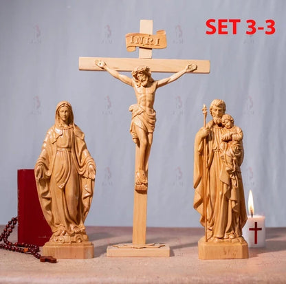 SET 3- Catholic Home Altar for family, Religious Catholic Statue, Wooden Religious Gifts, Native Wood Wall Art, Crucifix Cross, Housewarming