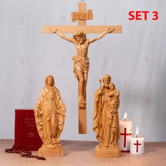 SET 3- Catholic Home Altar for family, Religious Catholic Statue, Wooden Religious Gifts, Native Wood Wall Art, Crucifix Cross, Housewarming