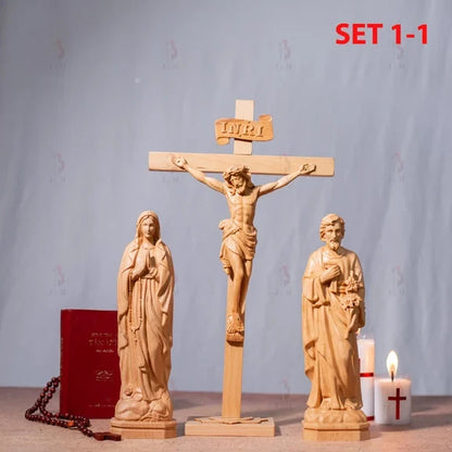 SET 1 - Catholic Home Altar for family, Religious Catholic Statue, Wooden Religious Gifts, Jesus Crucifix,Housewarming,Christian Gift