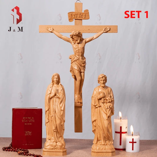 SET 1 - Catholic Home Altar for family, Religious Catholic Statue, Wooden Religious Gifts, Jesus Crucifix,Housewarming,Christian Gift