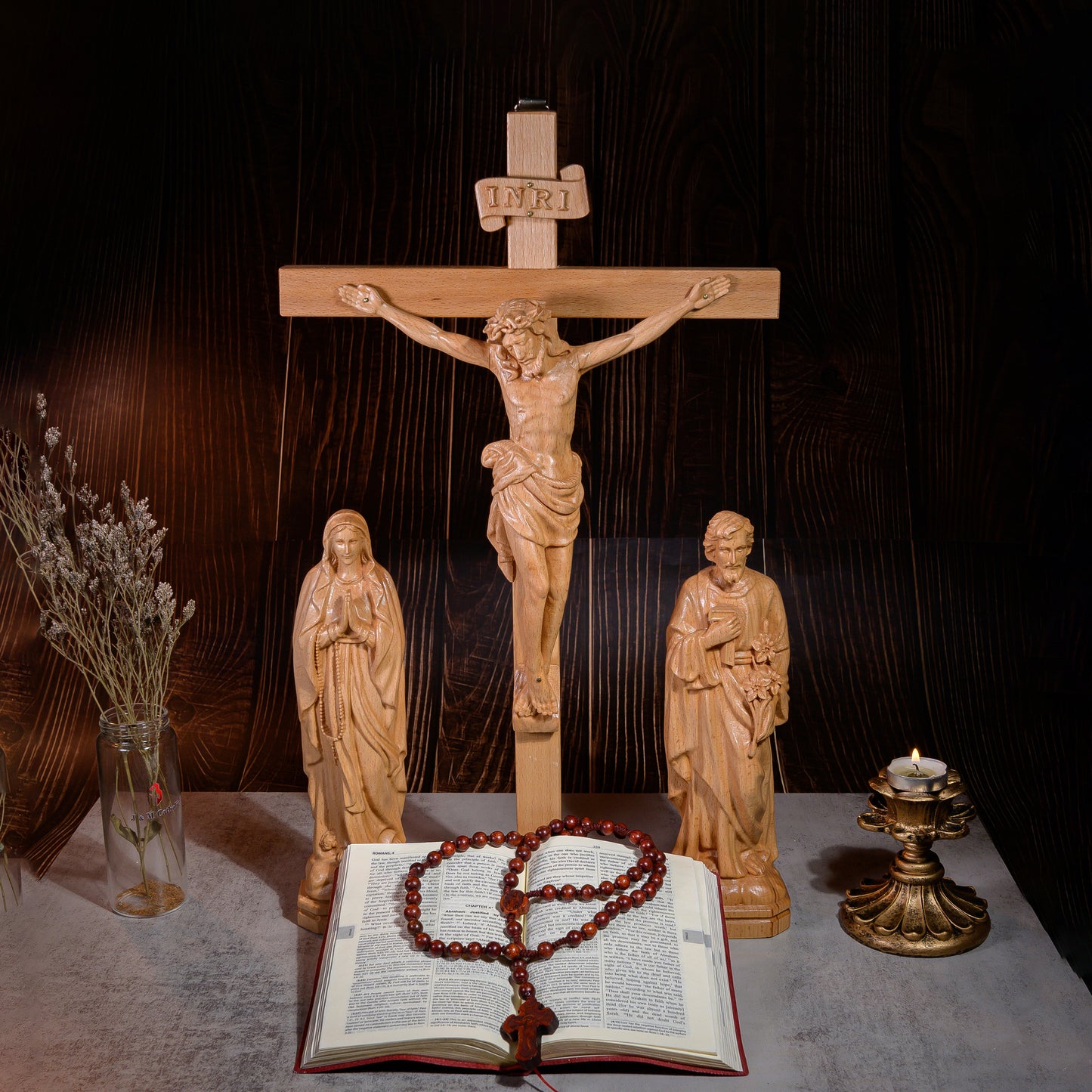 SET 1 - Catholic Home Altar for family, Religious Catholic Statue, Wooden Religious Gifts, Jesus Crucifix,Housewarming,Christian Gift