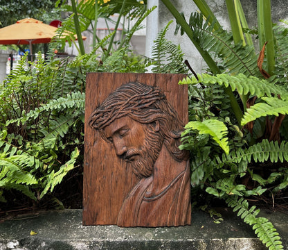 Handcrafted wooden carved wall plaque Jesus wearing the crown of Thorns - Religious icon