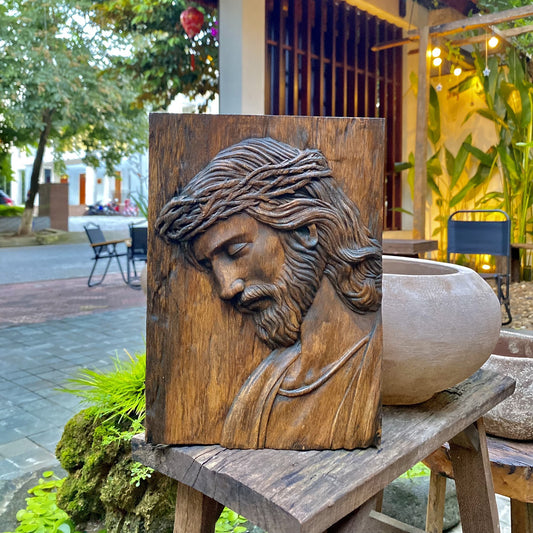 Handcrafted wooden carved wall plaque Jesus wearing the crown of Thorns - Religious icon