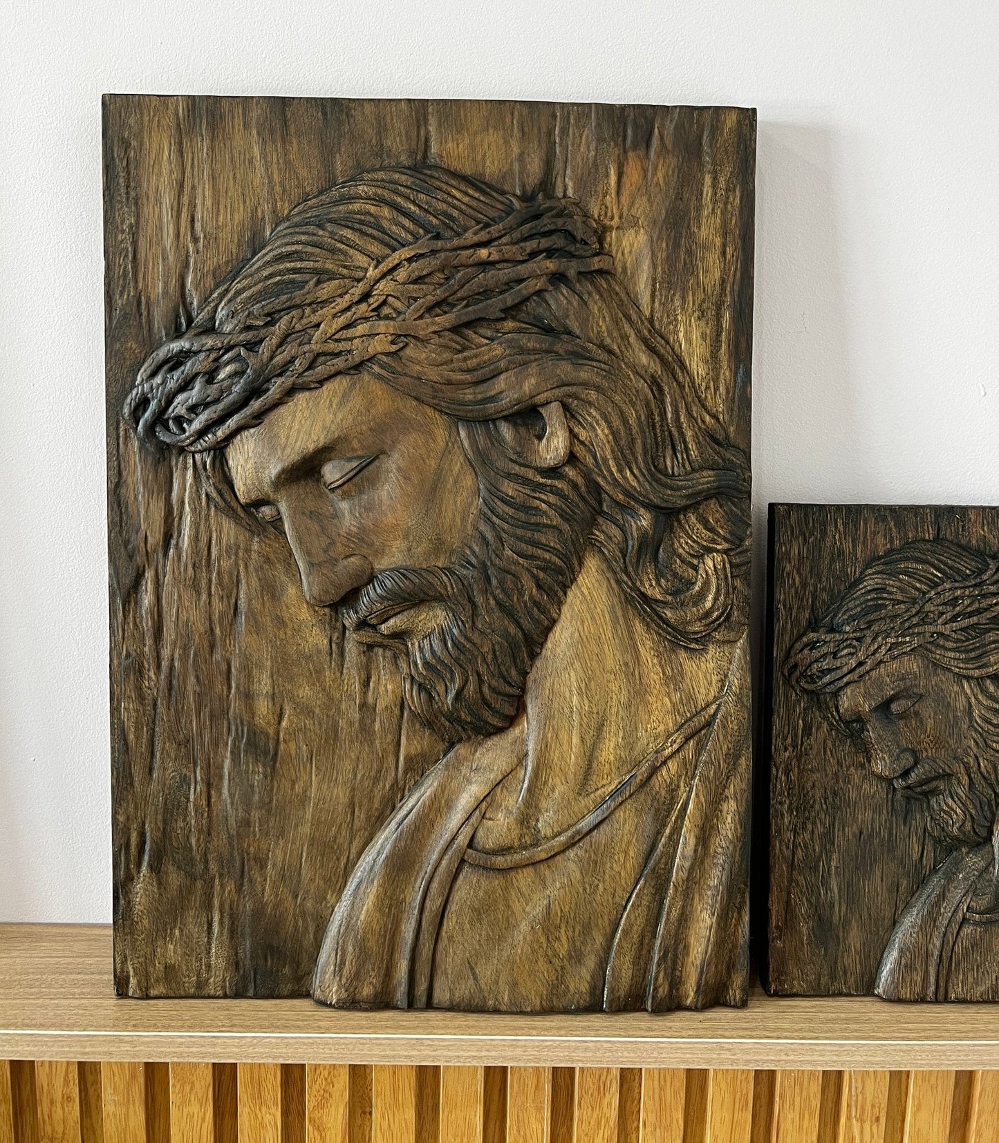 Handcrafted wooden carved wall plaque Jesus wearing the crown of Thorns - Religious icon