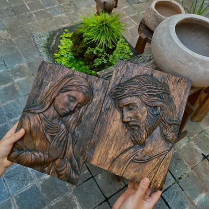 Hand-Carved Wood Jesus Christ, Virgin Mary , Crown of Thorns Relief Sculpture