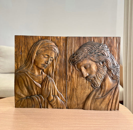 Hand-Carved Wood Jesus Christ, Virgin Mary , Crown of Thorns Relief Sculpture