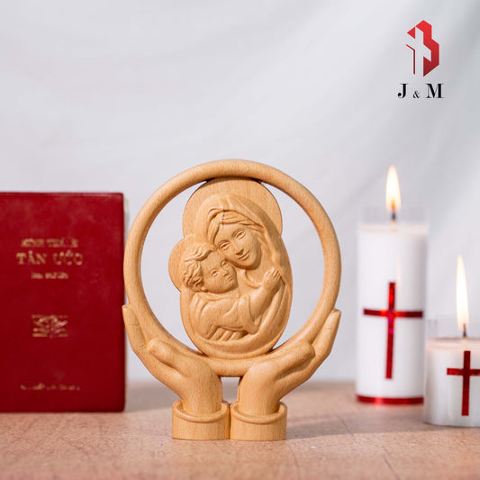 Wooden sculpture of Our Lady of Grace for the table, Virgin with Child, Our Lady hugs child