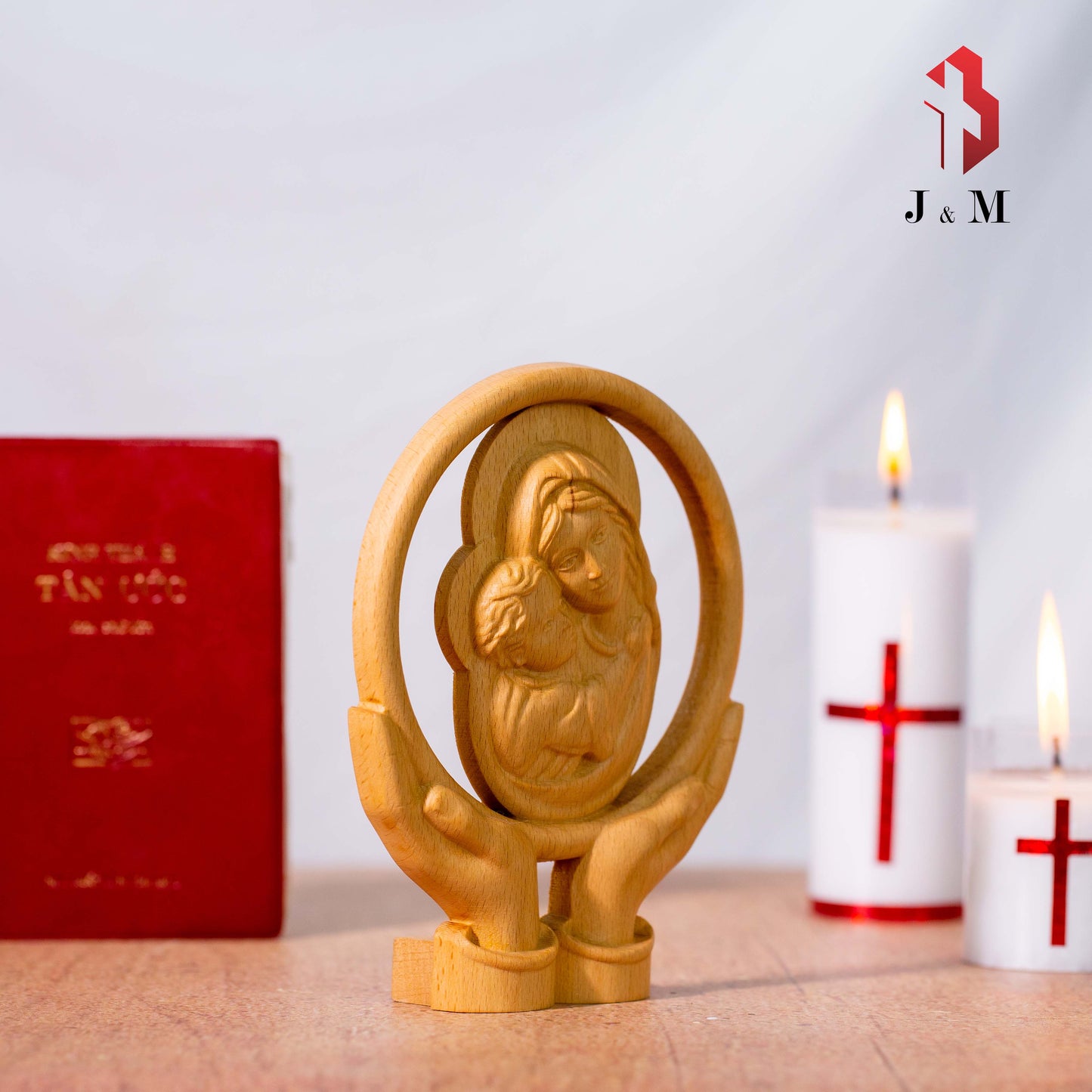 Wooden sculpture of Our Lady of Grace for the table, Virgin with Child, Our Lady hugs child