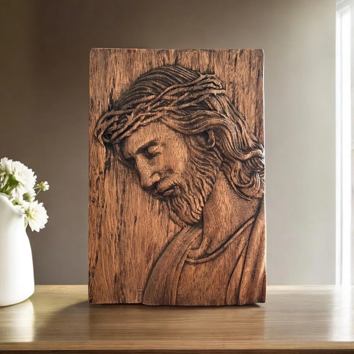 Targa murale in legno intagliato a mano raffigurante Gesù con la corona di spine - Icona religiosa
