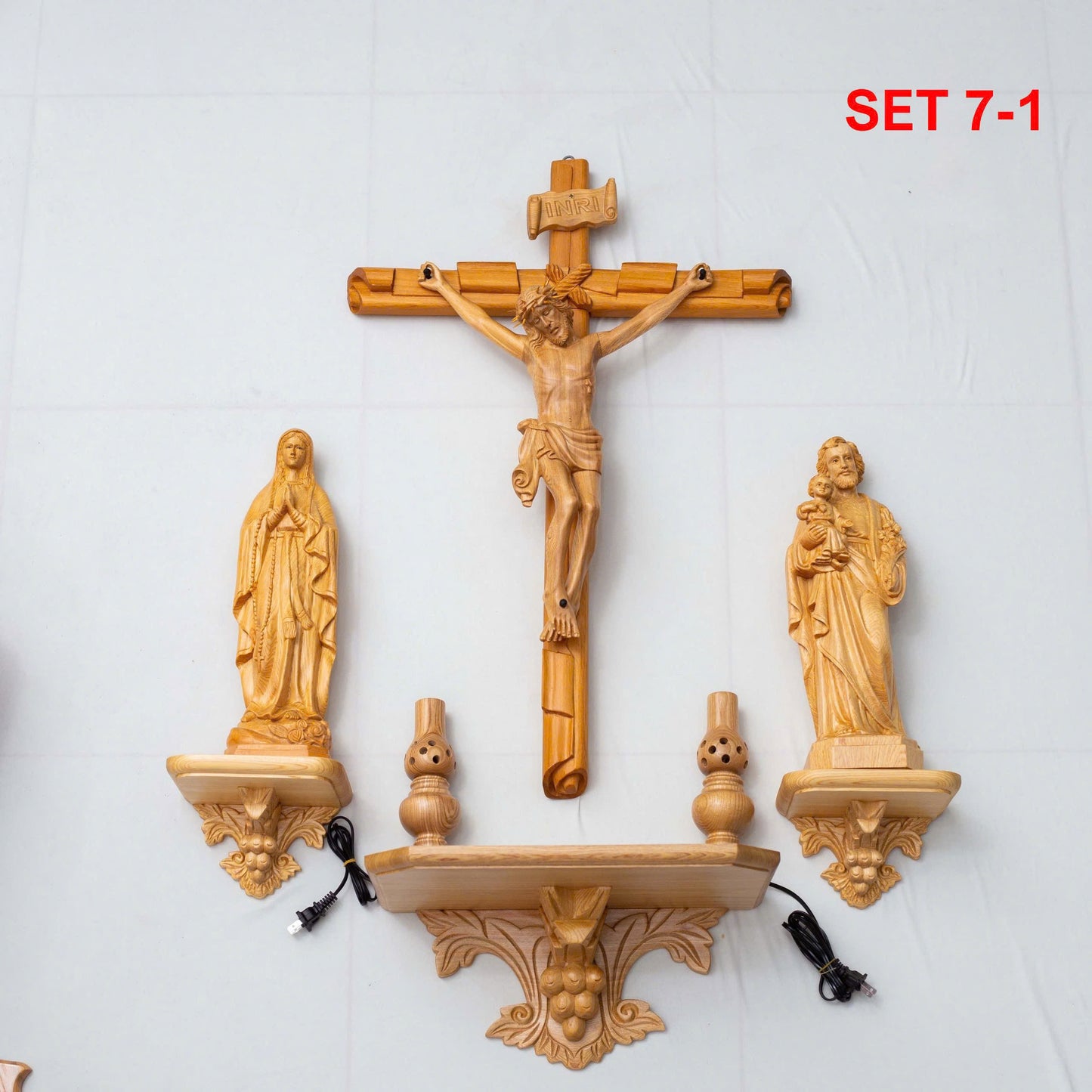 SET 7 - Catholic Home Altar for family, Religious Catholic Statue, Wooden Religious Gifts, Native Wood Wall Art, Crucifix Cross, Housewarming