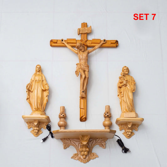 SET 7 - Catholic Home Altar for family, Religious Catholic Statue, Wooden Religious Gifts, Native Wood Wall Art, Crucifix Cross, Housewarming