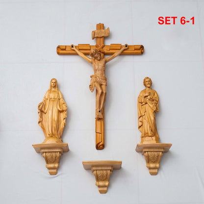 SET 6 - Catholic Home Altar for family, Religious Catholic Statue, Wooden Religious Gifts, Native Wood Wall Art, Crucifix Cross, Housewarming