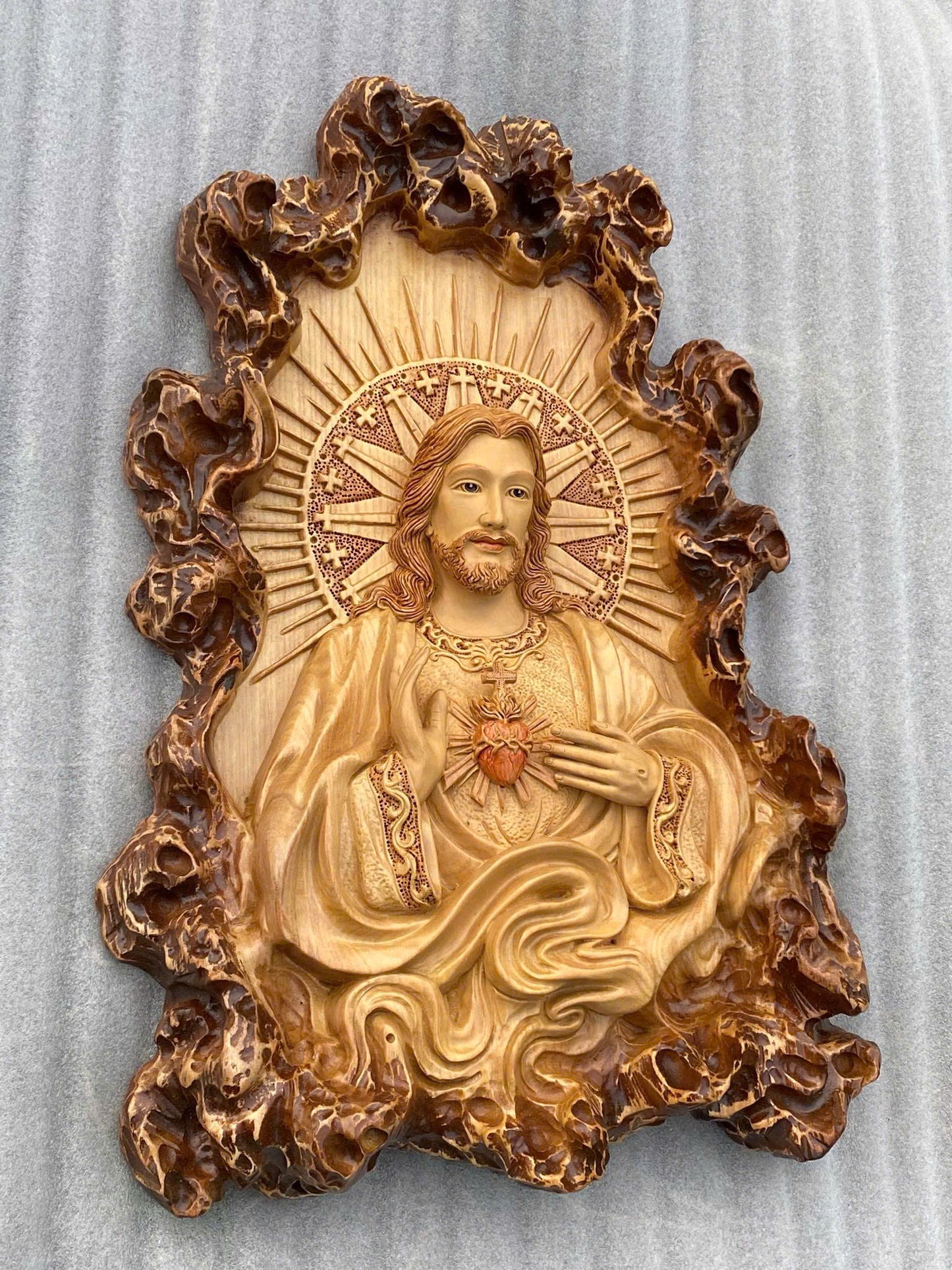 Sacred Heart of Jesus Relief in Wood - Religious Symbol