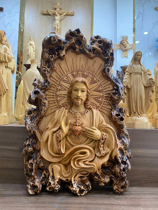 Sacred Heart of Jesus Relief in Wood - Religious Symbol