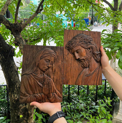 Hand-Carved Wood Jesus Christ, Virgin Mary , Crown of Thorns Relief Sculpture