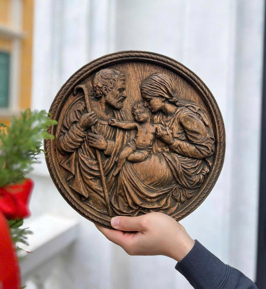The Holy Family Wood Carving | Wooden icon Christian Gift | Size 7.9in & 11.8in