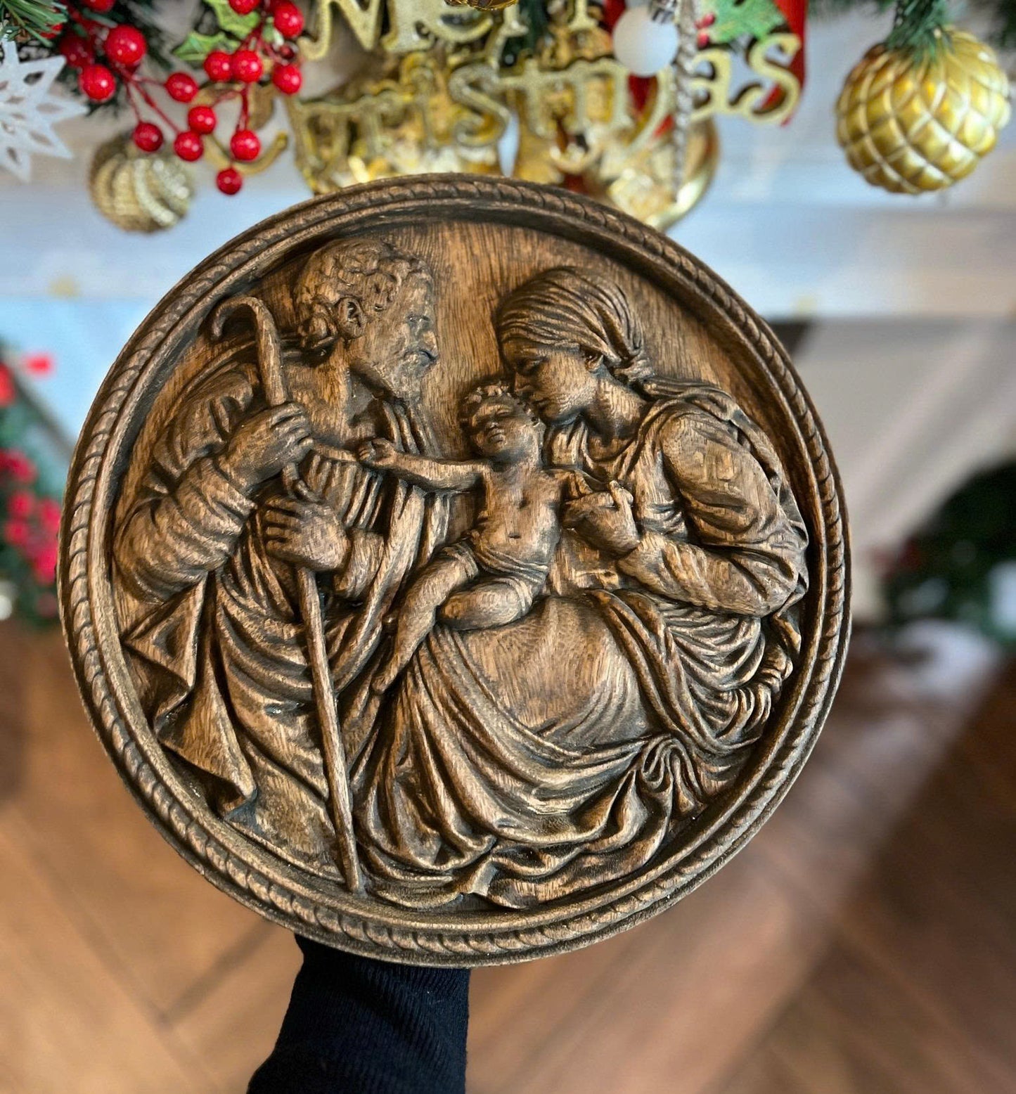 The Holy Family Wood Carving | Wooden icon Christian Gift | Size 7.9in & 11.8in
